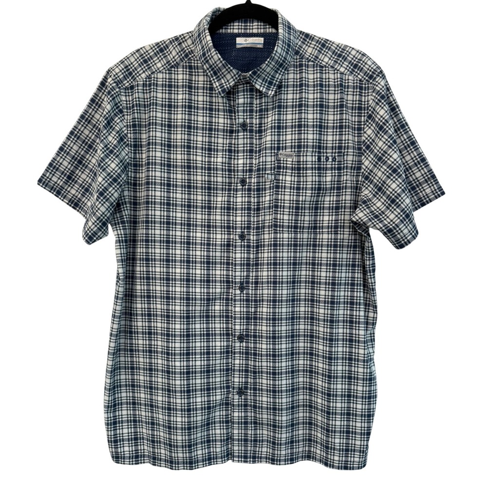 Columbia PFG Navy White Plaid Short Sleeve Vented Fishing Sportsman Shirt Medium